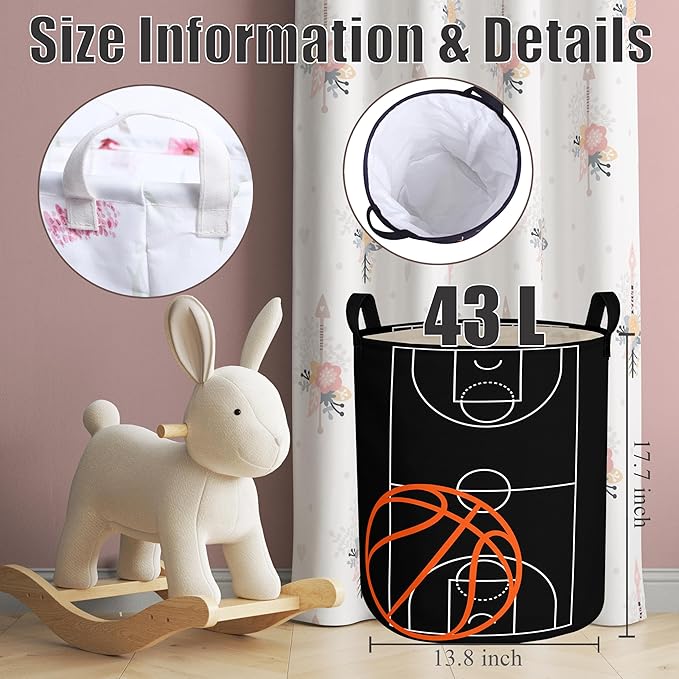 Basketball Boys Laundry Basket with Lining Kids Round Black Basketball Laundry Hamper Clothes Storage Bin Basket Organizer for Boy Room Decor