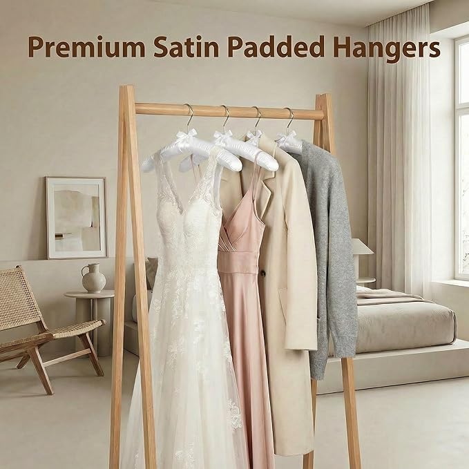 HOUSE DAY Satin Padded Hangers 10 Pack 17 Inch No Shoulder Bump for Women Clothes Bridal Hangers for Wedding Dress（White ）