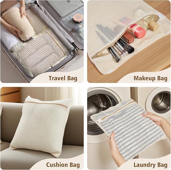 HEAVYWOOD 4-Piece Cotton Mesh Landry Bag Organic Wash Bag for Washing Machine Lingerie Bags for Washing Delicates with Sturdy Anti-Rust Zipper Clothes Washing Bag (4Bags)