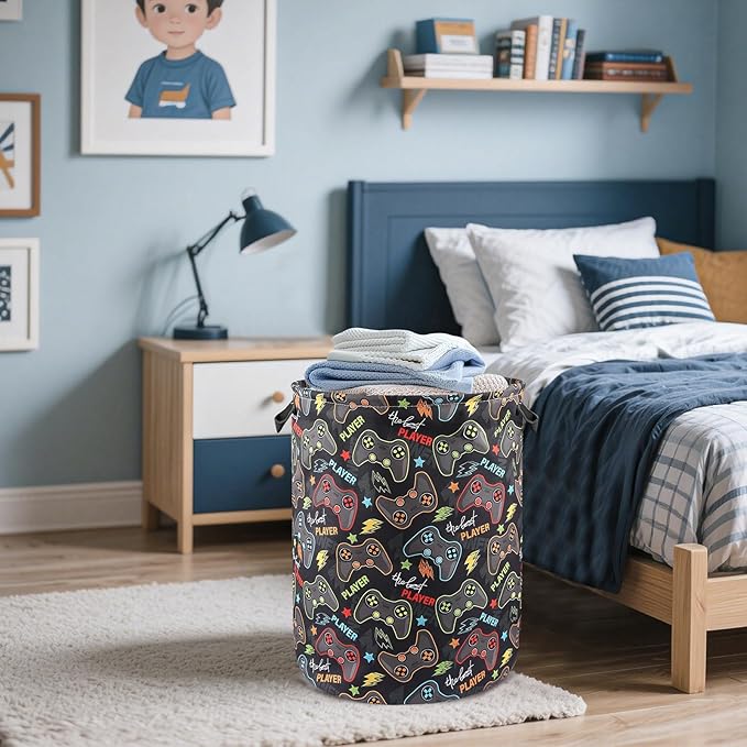 Game Laundry Basket for Boys Room Decor Folding Kids Laundry Hamper for Bedroom Gaming Toy Bin Baby Nursery Storage Bag for Playroom Bathroom Clothes Organizer for Teen, M