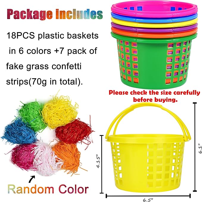 18PCS Easter Small Plastic Baskets with Handles Bulk, 70g Faux Grass Confetti Strips Accessories Filler Stuffers for Spring Decorations Party Supplies Favors