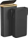 Slim Laundry Hamper, 60L Waterproof Narrow Laundry Basket with Lid and Removable Bag, Collapsible Tall Clothes Hamper with Bamboo Handles for Clothes Toys in Dorm Bedroom Bathroom, Black
