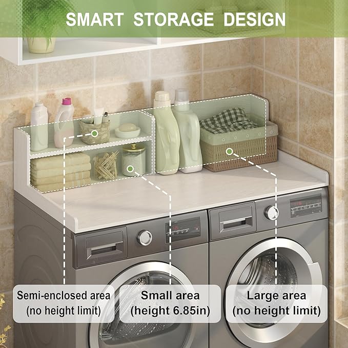Washer Dryer Countertop, White - 2-Tier Wood 54" x 27.5" Laundry Topper with Safety Guard & Non-Slip Pads, Over The Washer Dryer Folding Shelf for Maximum Space Saving (White)