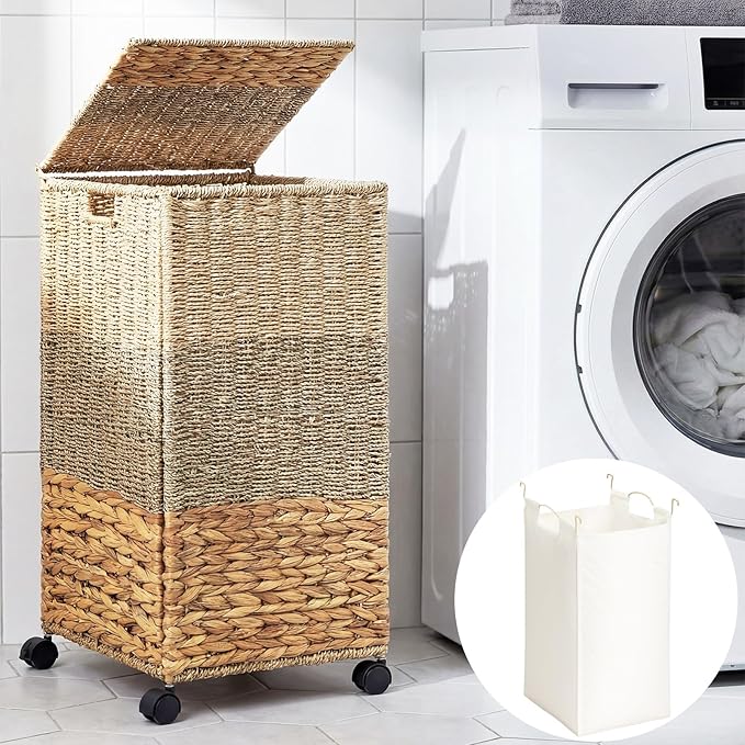 65 L Rolling Wicker Laundry Basket Laundry Hamper with Lid Decorative Woven Hamper with Washable Removable Liner Bags and Handles for Clothes Tricolor Natural Water Hyacinth(1 Sections)