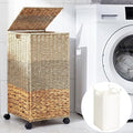 65 L Rolling Wicker Laundry Basket Laundry Hamper with Lid Decorative Woven Hamper with Washable Removable Liner Bags and Handles for Clothes Tricolor Natural Water Hyacinth(1 Sections)