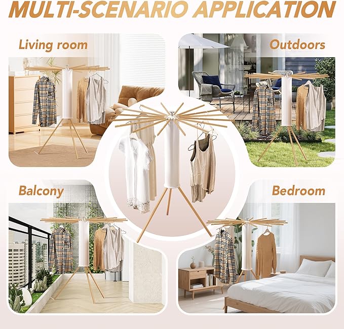 Foldable Tripod Clothes Drying Rack,Beechwood & Portable Laundry Stand, Space-Saving Collapsible Hanger with 16 Arms for Indoor & Outdoor Drying – Easy Setup, Stable Base, Fast Air-Drying Design