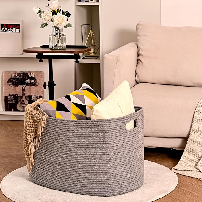Large Grey Storage Basket, Blanket Baskets for Living Room, Large Toy Basket for Storage, Woven Cotton Rope Baskets for Blankets, Clothes, Shoes, Books, Grey, 25”x16”x16” (105L)