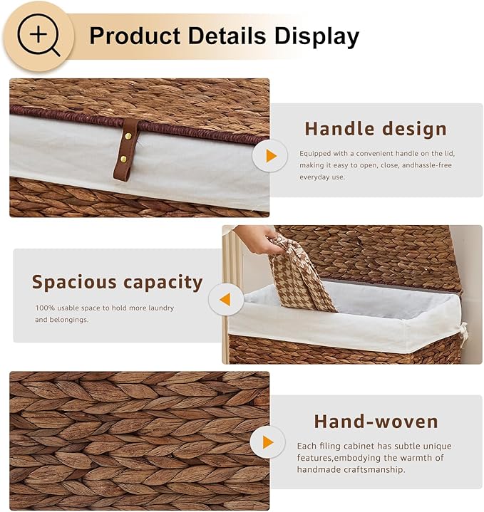 Handwoven Laundry Hamper with Wheels, Natural Water Hyacinth Rolling Laundry Basket with Lid and Removable Liner, Durable and Stylish for Bedroom, Bathroom, Laundry Room (Espresso, 65L)