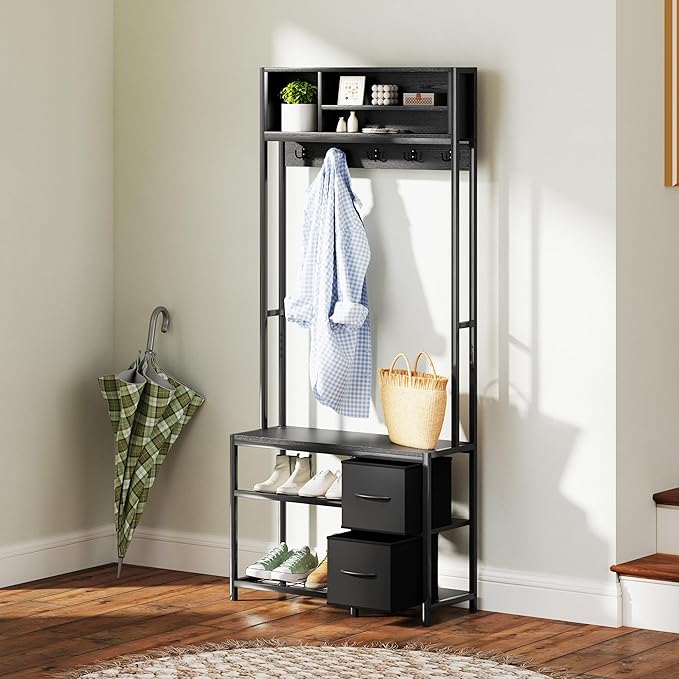 HOMCOM Hall Tree with Bench and Shoe Storage, 5-in-1 Entryway Bench with Coat Rack, 3 Storage Compartments, 5 Coat Hooks, 2 Fabric Drawers, Distressed Black