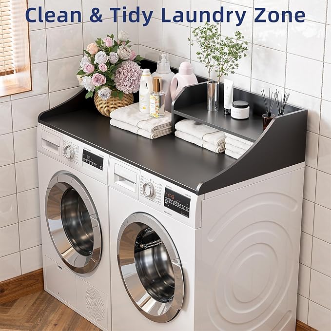 2 Tiers Washer Dryer Countertop, 54" Width x 27.5" Depth Laundry Countertop Organization, Wooden Washer and Dryer Topper for Folding, Sorting & Ironing, Easy to Install, Black