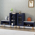 HLR Storage Bench Set of 2, Blue Modern Entryway Shoe Cabinet Bench with Glass Door&Shelf, L-Shaped Storage Cabinet with Padded Seat for Hallway, Bedroom, Living Room, Office