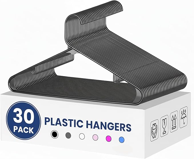 InfiniPower 30 Pack Plastic Hangers, Heavy Duty Hangers with Non-Slip Swivel Hooks for Shirts/Coats/Dresses, Black