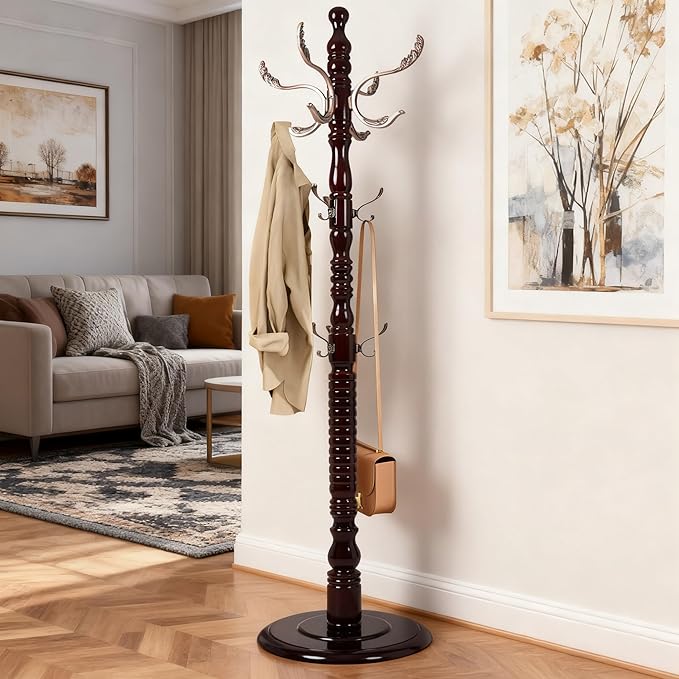 73”Vintage Wooden Coat Rack，With 14 Hooks and Sturdy Round Base.Sturdy and Durable Standing Coat Racks，Adjustable Wooden Freestanding Coat Rack for Porch，Bedrooms (Metal, 1 PCS)