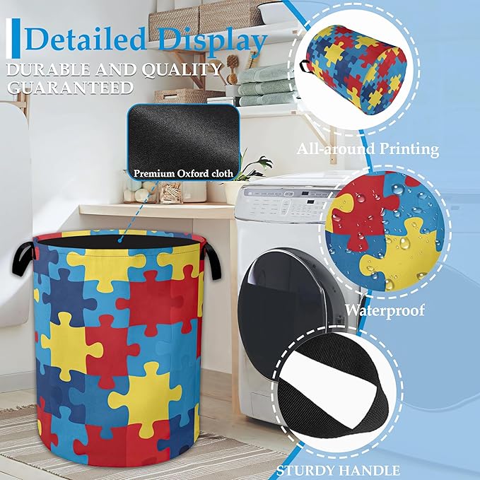 Colorful Puzzle Laundry Basket Collapsible Laundry Hamper Oxford Clothes Toy Storage Bin for Bathroom Bedroom Room Decor 16 X 20.8 Inch