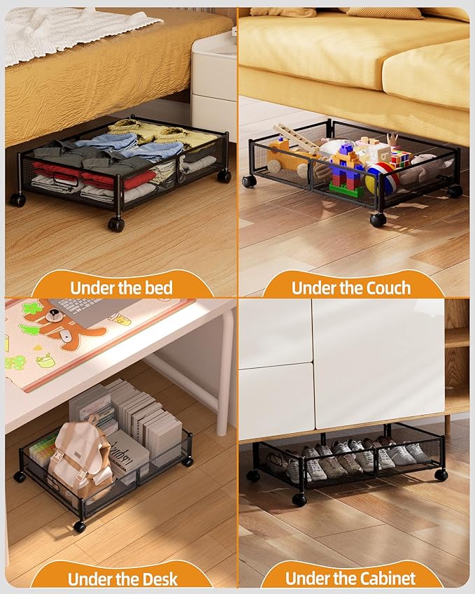 Under Bed Organizer, Storage Bins Under Bed, 60L Underbed Storage Bins for Bedroom Clothes Shoes Blankets (Black, 4 Pack)
