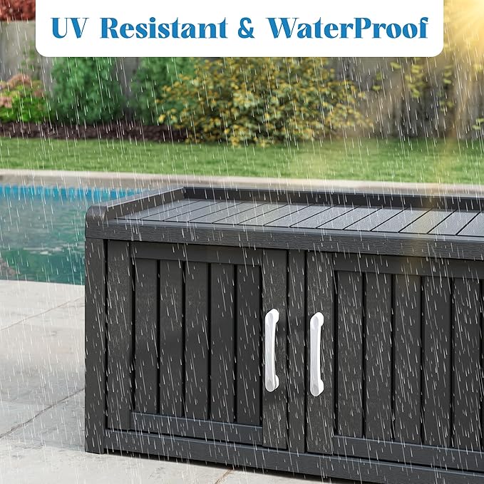 KAMABOKO Outdoor Shoe Storage Cabinet, Waterproof UV-Resistant Entryway Storage Bench Indoor Outdoor with 2 Barn Doors, Adjustable Shelves for Entryway, Bedroom, Hallway,Living Room(Black)