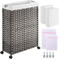 Greenstell Laundry Hamper with Wheels, 17.4 Gallon (66L) Slim Laundry Basket with 2 Removable Liner Bags & 2 Mesh Bags, Narrow Rattan Clothes Hamper for Bedroom, Laundry Room, Bathroom, Grey
