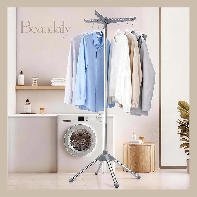 Beaudaily Clothes Drying Rack, Foldable Laundry Drying Rack, Indoor 59-Inch Drying Rack Clothing with 3 Rotatable Arms, Stainless Steel, Holds 27 Pieces, Space Saving, Portable, Grey and Silver