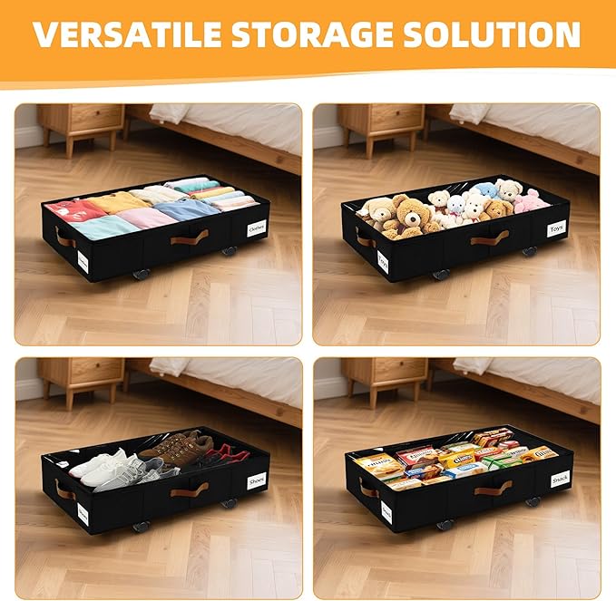 4 Pack Under Bed Storage–30.5×17×5.5" Under the Bed Storage with Wheels Sturdy Sidewalls/Bottom, Clear Cover, Label and PU Handle, Rolling Underbed Drawers for Clothes, Shoes, Toys, Blankets,Black