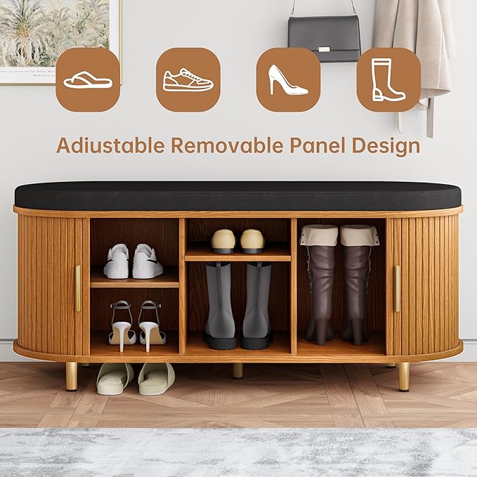 DHH 2-Tier Storage Bench, 43.3" Wide Shoe Bench with Thickened Padded Seat Cushion, Mid Century Modern Fluted Sliding Door and Adjustable Shelf, for Entryway, Living Room, Bedroom(Yellow Walnut)