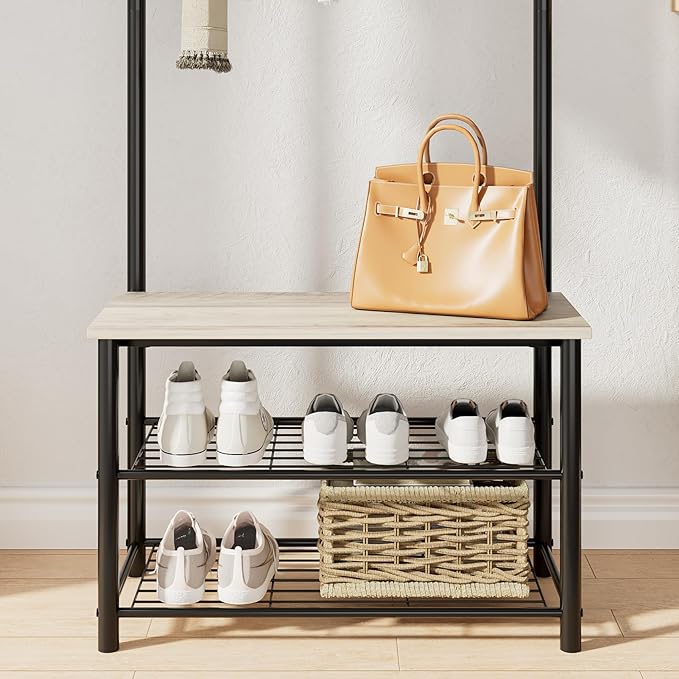 Hall Tree with Bench and Shoe Storage, 3-in-1 Coat Rack, Freestanding Wooden Coat Rack with Shoe Bench with Metal Frame, 3-Tier Storage Shelf and 9 Removable Hooks, Greige