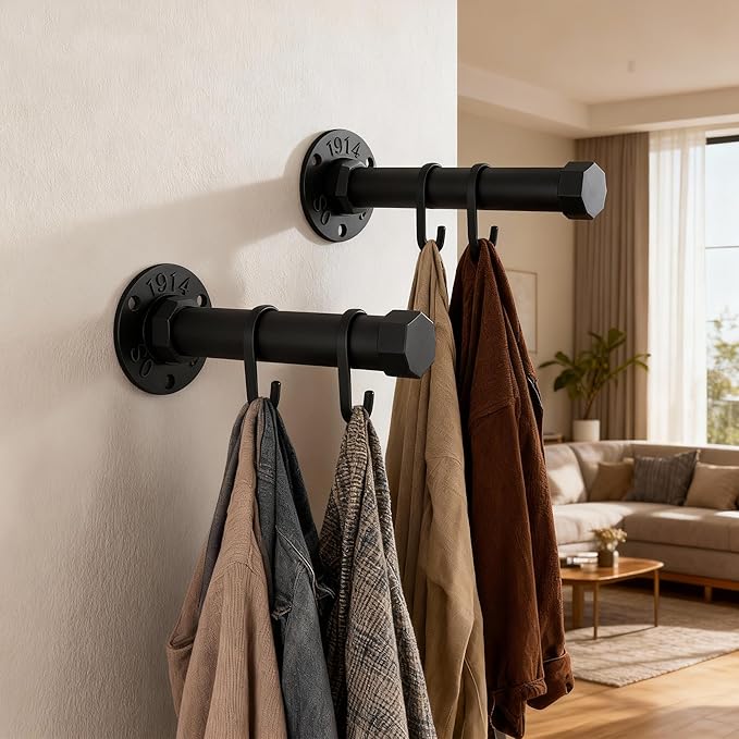 Industrial Pipe Clothes Hanger Rack 12 Inches Heavy Duty Metal Wall Mounted Hanger Bar For Hanging Clothing Small Closet Rods (2 Pack)