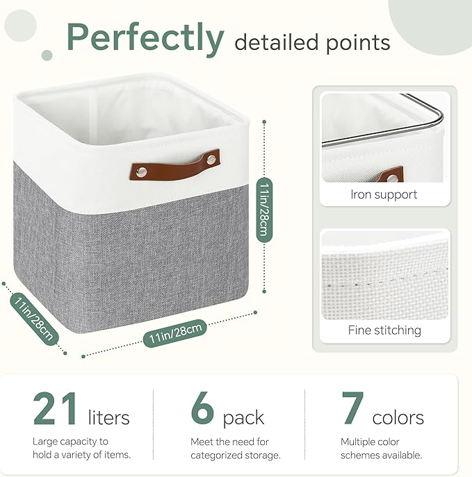 Cube Storage Baskets 6 Pack, 11x11 inch Cube Storage Bins with Leather Handles for Shelf Closet (White/ Gray)