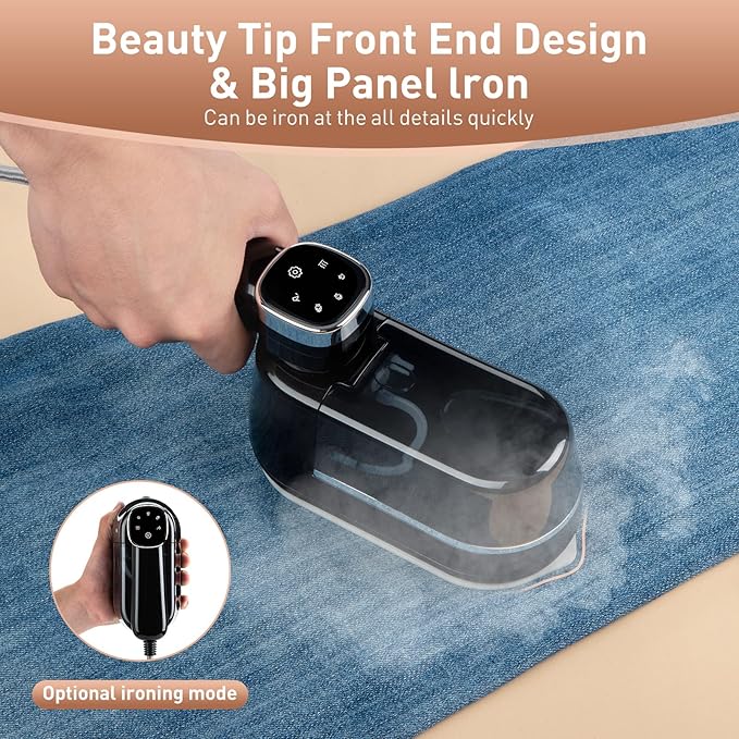 Travel Steamer for Clothes， 4-Speed Steam Adjustable Handheld Iron with LCD Display Screen, 5S Rapid Preheating 1300W Clothes Hanging Ironing Machine, Suitable for Home, Dormitory & Travel (Black)