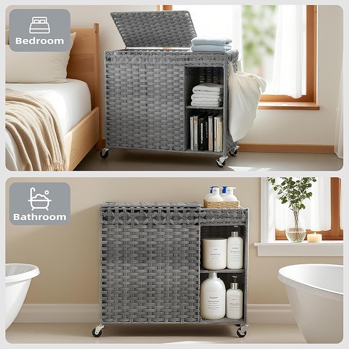 Laundry Hamper with Lid, 160L Rattan Wicker Laundry Basket with Wheels, Handwoven Laundry Hamper 2-Section with Storage shelf(42.3 Gal), Laundry Sorter Basket with Removable Liner, Grey HLH032G