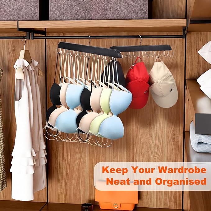 2 Pack Bra Hanger, Wooden Tank Top Hangers with 14 Foldable Hooks, Bra Hanger for Closet Organizer，Premium Wooden Space Saving Hangers Closet Organizers and Storage for Dorm & Apartment (Black)