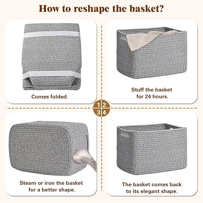 Storage Baskets for Organizing, 4 Pack Baskets for Shelves, Decorative Storage Bins for Shelves, Cotton Rope Storage Basket with Handles, Woven Basket for Storage, 13''Lx8.7''Wx7.9''H, Gray