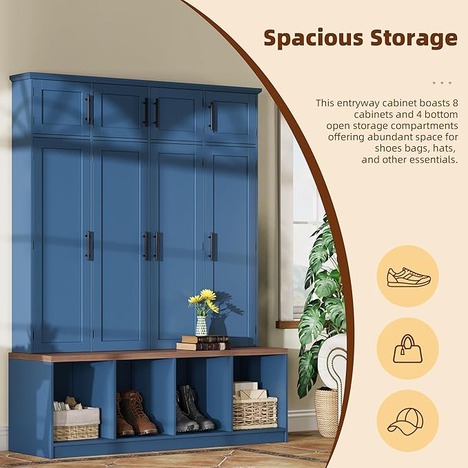 75" H Farmhouse Hall Tree with Storage, Versatile 4-in-1 Coat Hanger with 4 Hidden Hanging Hooks, 8 Doors, Entryway Shoe Cabinet with Open Compartments for Living Room