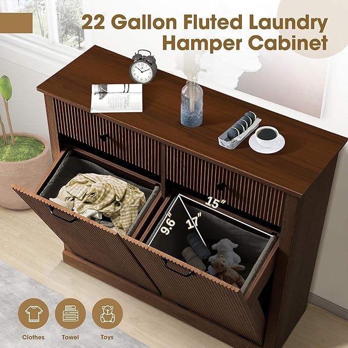 Grepatio Double Laundry Hamper, Fluted Tilt Out Laundry Hamper Cabinet, 22 Gallon Hidden Trash Can, Wooden Garbage Can Cabinet with 2 Drawer, Free Standing for Bathroom, Kitchen (Brown, Double)