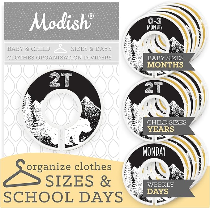 Kids Clothes Closet Organization, Hanging Size Dividers: Months & Years, Baby Toddler Children Girl Boy Neutral Black Yellow Woodland Animal Outdoor Mountain Forest Safari Explorer Nursery Room Décor