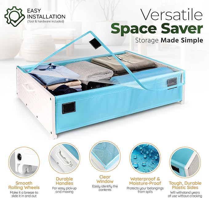 Under Bed Plastic Drawers with Rolling Wheels - Storage Containers with Dual Handles for Easy Access - Space Saving Organizer for Shoes and Clothes