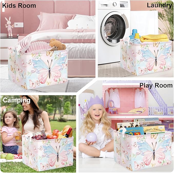 3D Pastel Butterfly Baby Laundry Hamper Collapsible Clothes Kids Storage Basket Large Girls Gift Toy Box Bin for Bedroom, Colorful, 36L