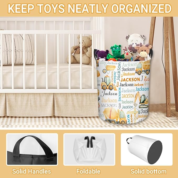 Personalized Construction Truck Laundry Basket, Custom Laundry Hamper With Name Gifts For Kids Baby Adults, Collapsible Dirty Clothes Storage Organizer With Handles M 19.6 X 15.7in