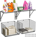 2 Pack Laundry Room Shelves, Wire Baskets with 8 Hooks, Over Washer and Dryer Shelf, Wall Mounted Storage and Clothes Drying Rack, Black
