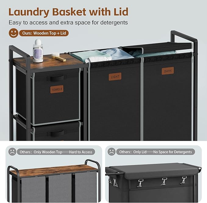 Hoctieon 4 Section Laundry Cart, 48 Gal. (182L) Laundry Hamper with Lid, Laundry Basket with Wheels, Rolling Laundry Sorter Organizer with Shelf, Clothes Separator with Removable Bags, Black