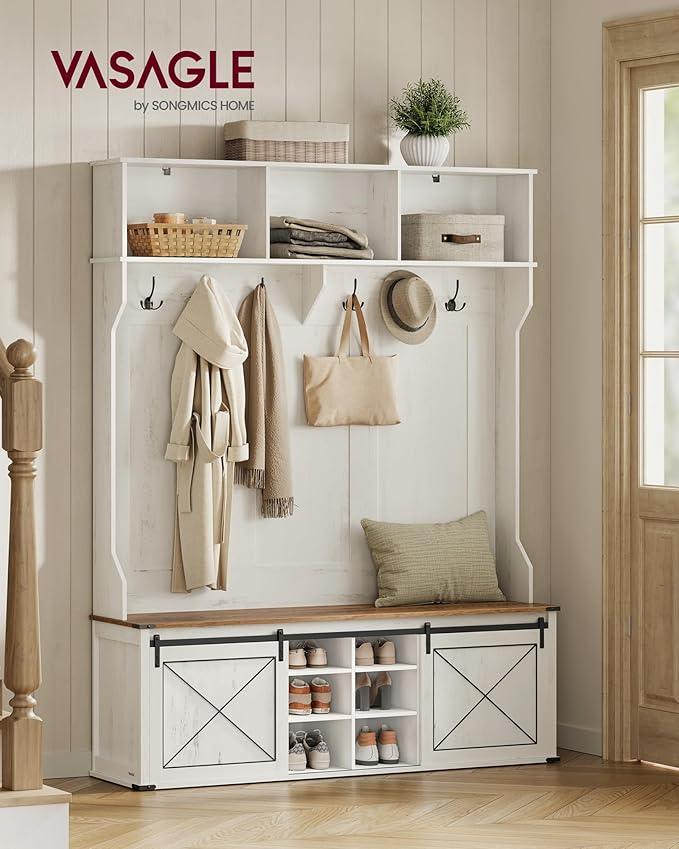 VASAGLE Hall Tree with Bench and Shoe Storage, Coat Rack with Shoe Bench, Entryway Furniture, 6 Tri-Hooks, Sliding Door, Farmhouse Style, Space Saving, Rustic White and Honey Brown UHSR443W01