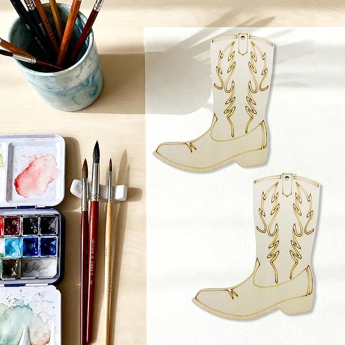 20-Piece DIY Wooden Hollow-Out Cowboy Boot Hanging Ornaments with Jute Twine & Wooden Tags for Wedding, Birthday, Holiday & Rustic Country Party Decorations