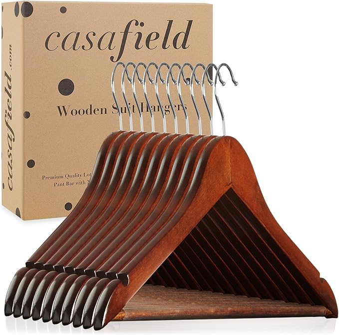 Casafield - 10 Walnut Wooden Suit Hangers - Premium Lotus Wood with Notches & Chrome Swivel Hook for Dress Clothes, Coats, Jackets, Pants, Shirts, Skirts