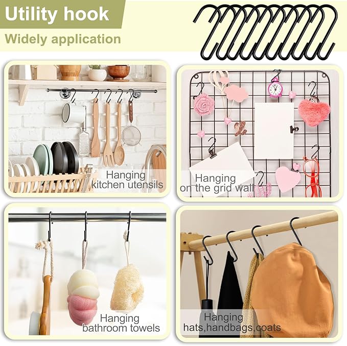 30 Pack 2.4 inches S Hooks for Hanging on Wire Shelves, Black S Shaped Hanging Hooks Hangers Pan Holder Pot Wire Rack Hooks for Kitchenware Spoons Pans Pots Utensils Jeans Bags Towels Plants,