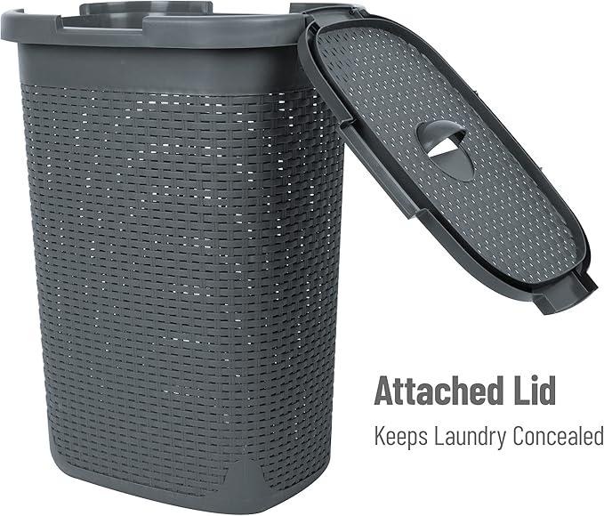Mind Reader Slim Laundry Hamper with Lid, 60L Tall Clothes Basket, Narrow Tapered Design for Bathrooms, Closets and Laundry Rooms, Plastic, Gray