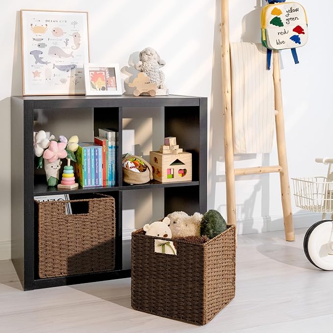 StorageWorks 11 inch Wicker Storage Cubes, Handwoven Cube Storage Bin, Square Cubes Basket, Foldable Paper Rope Basket for Organizing, Brown, 2 Pack