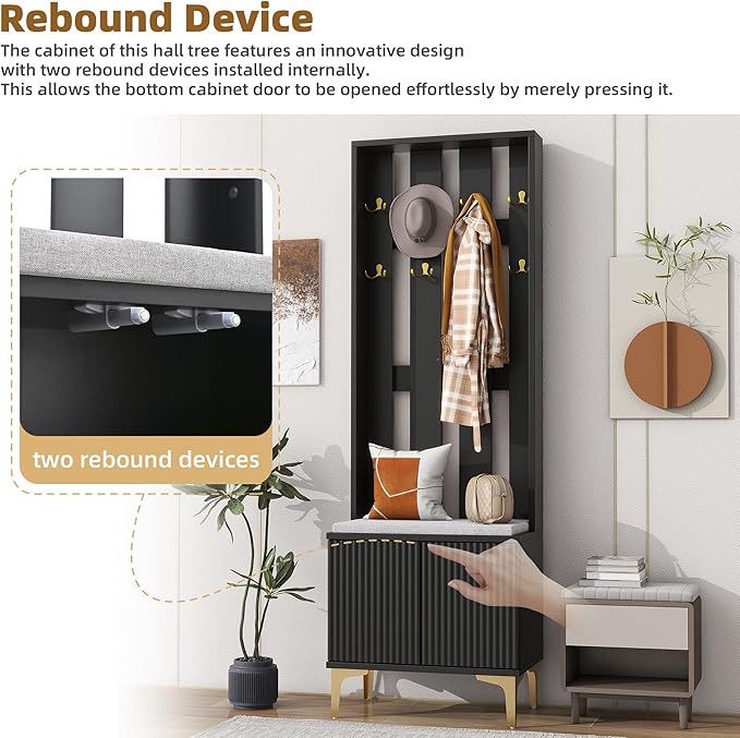 70.8" H Hall Tree with Cushion, Modern Luxury 4-in-1 Hall Tree with Adjustable Shelves & Fluted Doors, Versatile Coat Rack with 8 Gold Hooks and Legs, Entryway Bench for Hallway (Black/379)