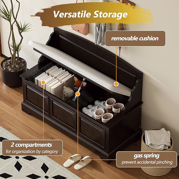 Retro Storage Bench Entryway Bench Shoe Cabinet with Safe Soft-Close Devices, Removable Seat Cushion, Backrest & Hidden Storage Space for Hallway Entryway Living Room Mudroom (Espresso(New))