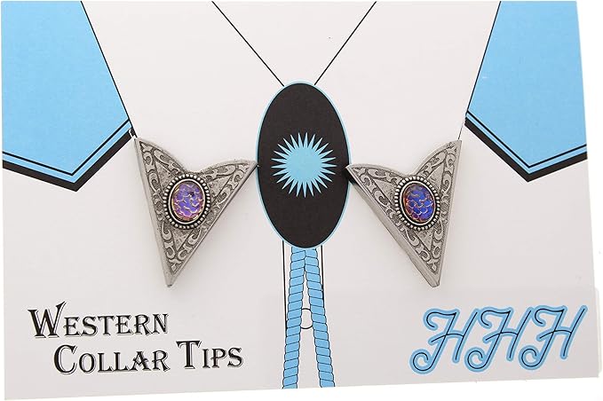 Antique Silver Finish Western Collar Tip - Helio Blue Stone Collar Stays - Collar Tips for Men and Women - Collar Pins - Made in USA