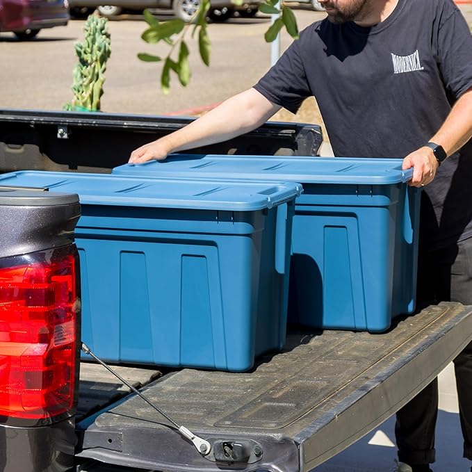 IRIS USA 20 Gallon Eco-Friendly Heavy Duty Storage Totes with Easy-Grip Handles, 4 Pack - Large Bins with Lids Garage Organizing Tubs, Durable Stackable Utility Containers, Made in USA - Navy