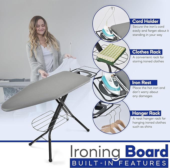 Extra-Wide Ironing Board – 48"×18" Large Surface (57" w/Iron Rest) • Built-in Clothes Rack, Hanger & Cord Holder • Heat-Resistant Cover • Heavy-Duty, No Wobble • Adjustable Height • Black Grey.